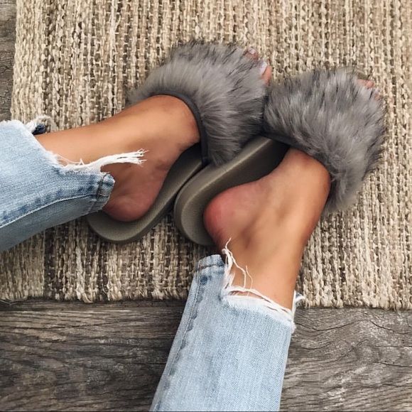 Nordstrom Shoes - Grey Fluff Plush Fuzzy Fur Slides
